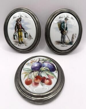 Limoges Porcelain Tiles & Pewter Hanging Set of 3-Metiers du Vieux Paris